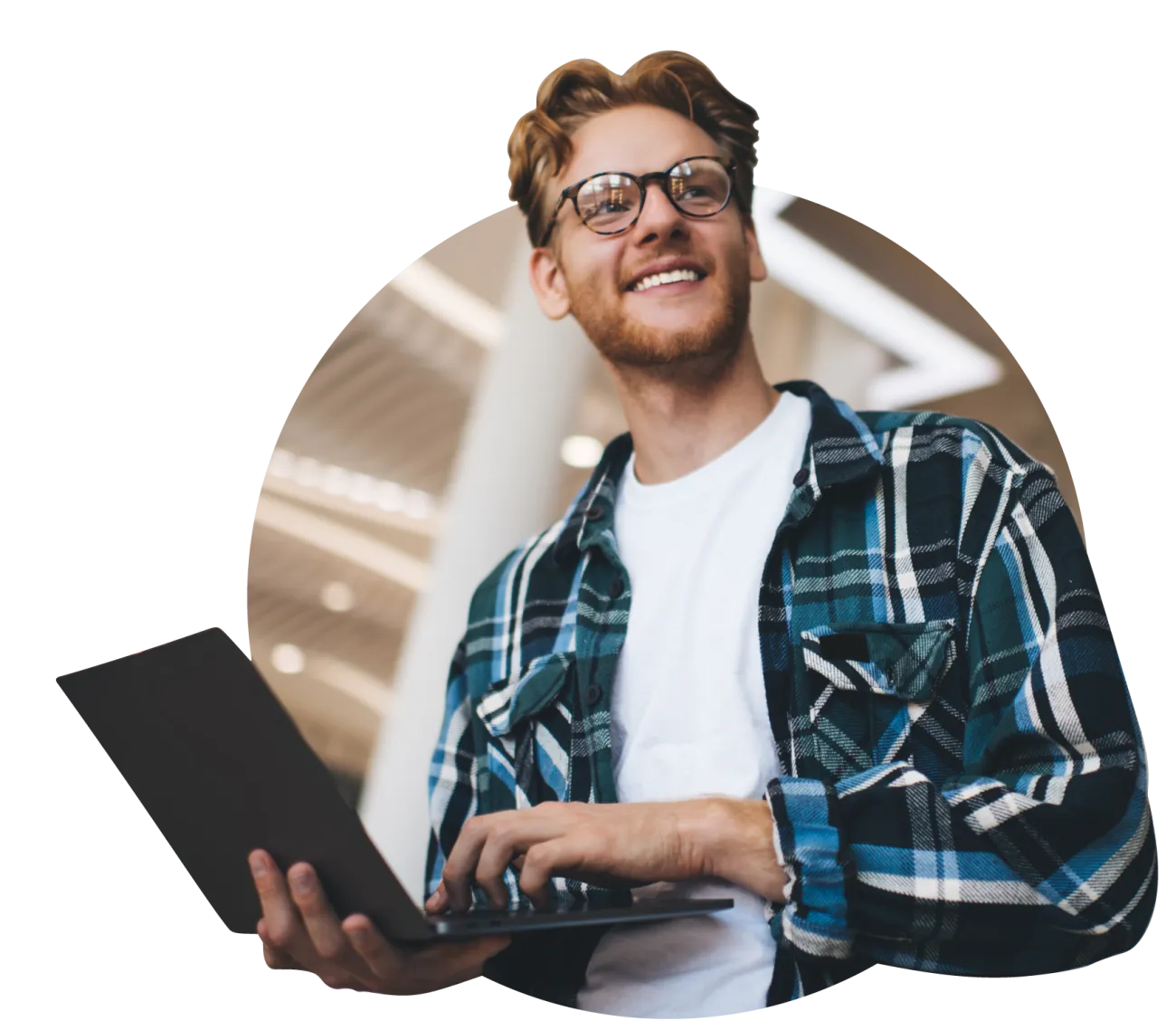 Round image young man holding a computer smiling