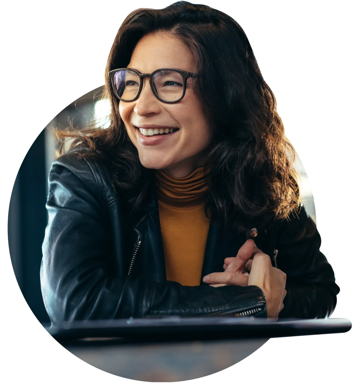 Round image young woman looking to the left smiling